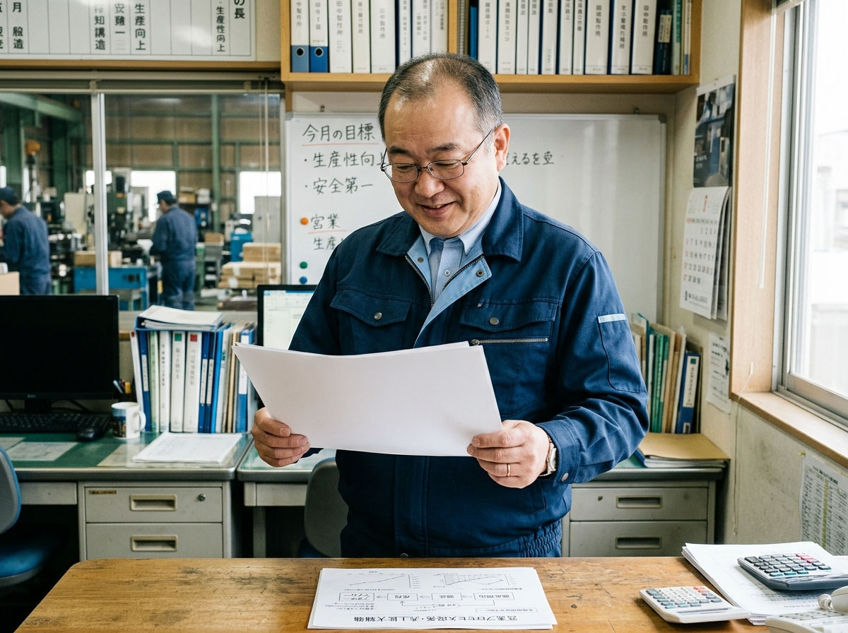 製造業の経営者がオフィスで成果物の資料を確認している様子