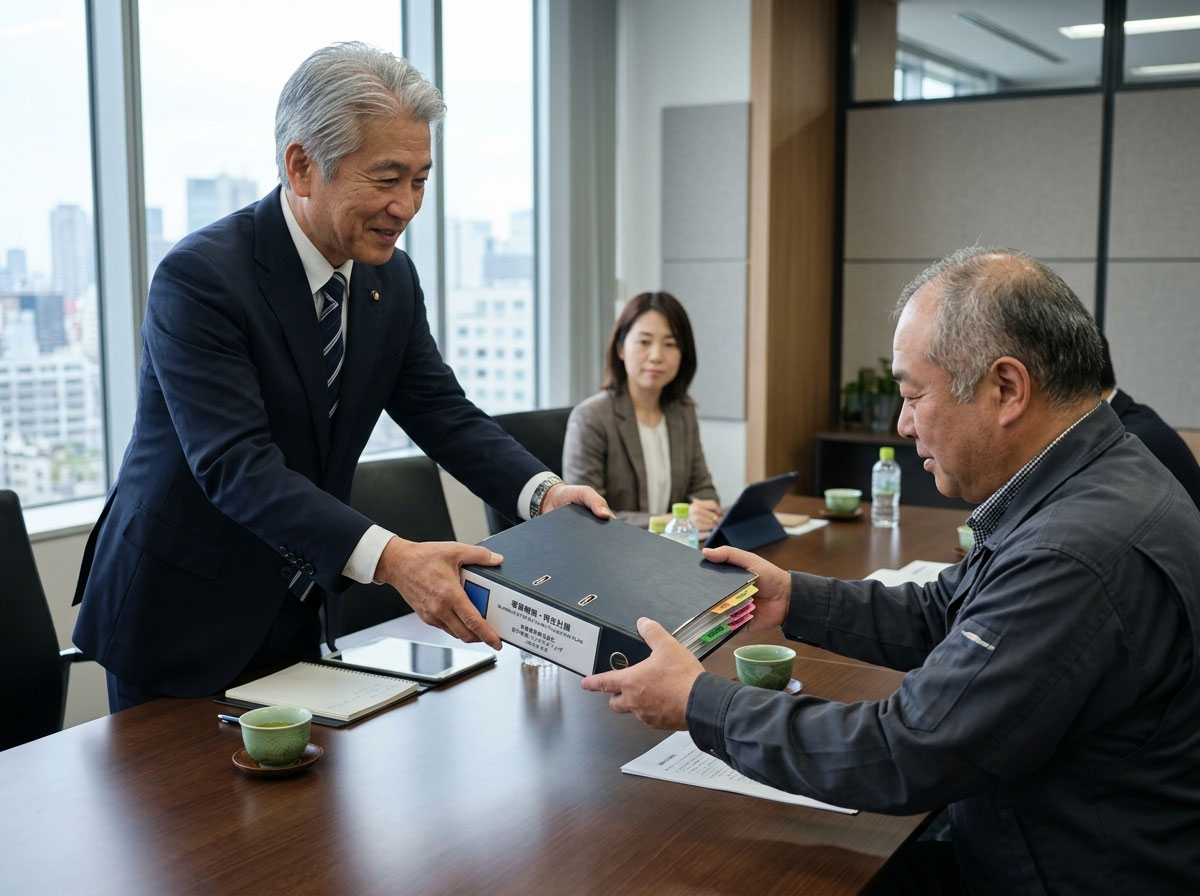 コンサルタントから経営者へ設計書・資料が手渡される様子