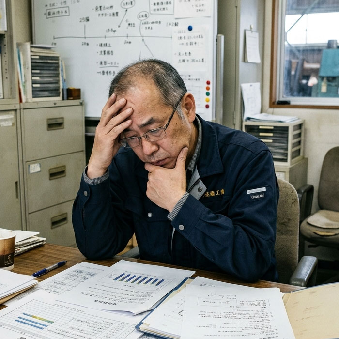 書類に向かい、経営の判断に悩む中小企業の経営者の様子
